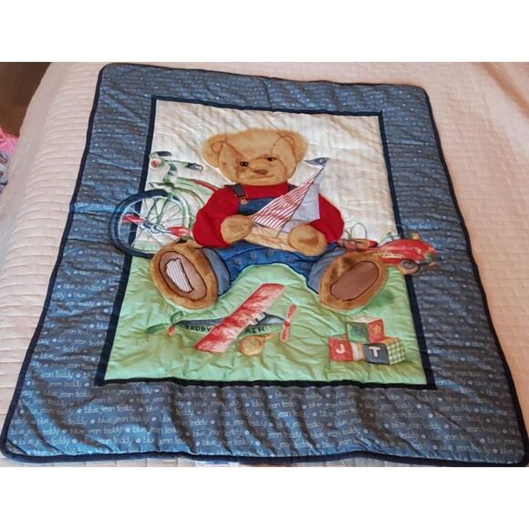 VTG Baby Quilt by BJT Blue Jean Teddy Bear 3D Plush Teddy Boat/Bike/Plane/Car - Picture 2 of 13
